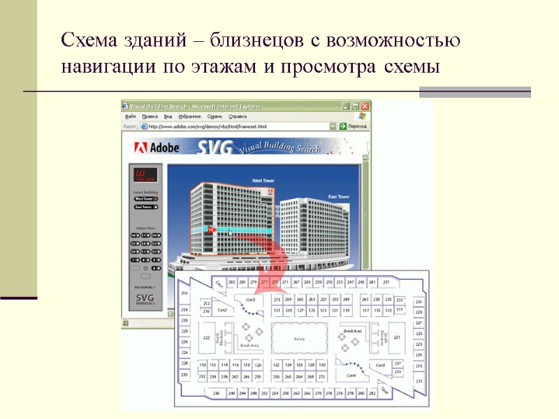 Схема зданий – близнецов с возможностью навигации по этажам и просмотра схемы